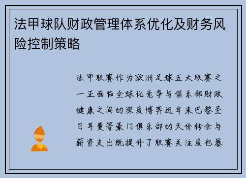 法甲球队财政管理体系优化及财务风险控制策略